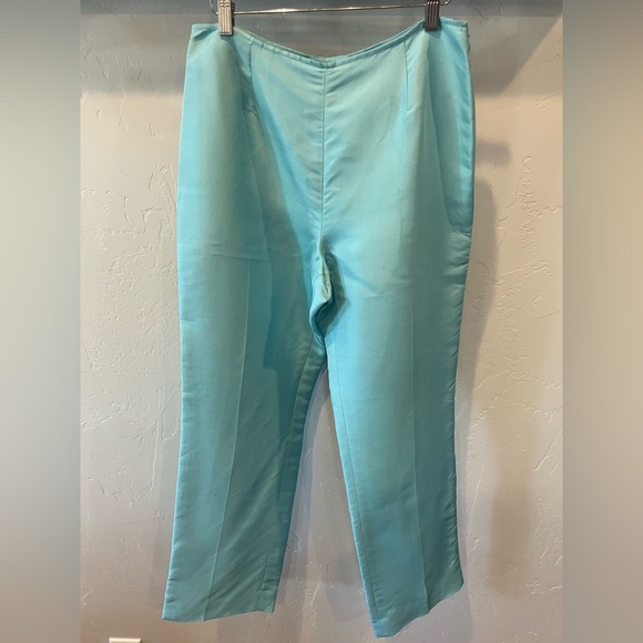 Women’s high-rise cropped Light Blue 100% raw silk trousers SZ 10 - Picture 2 of 8